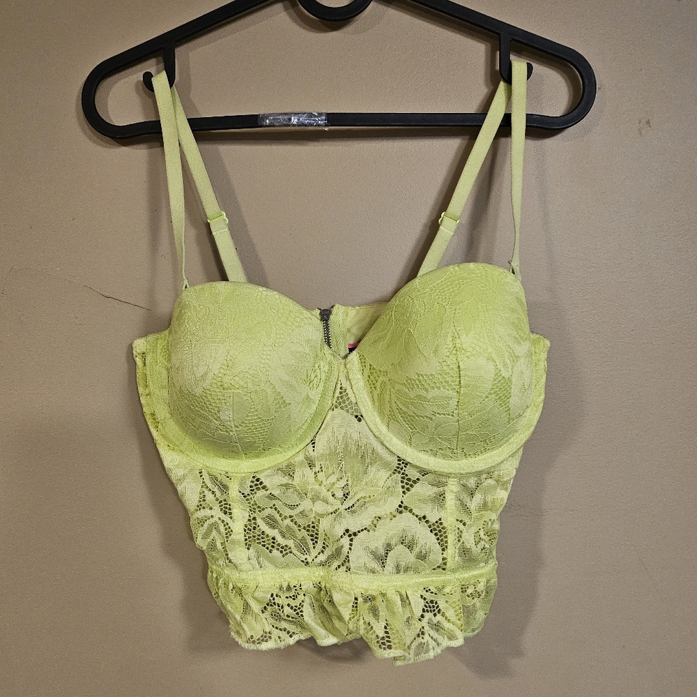 LA SENZA 32DD Neon Green Lace Zip Up Bralette